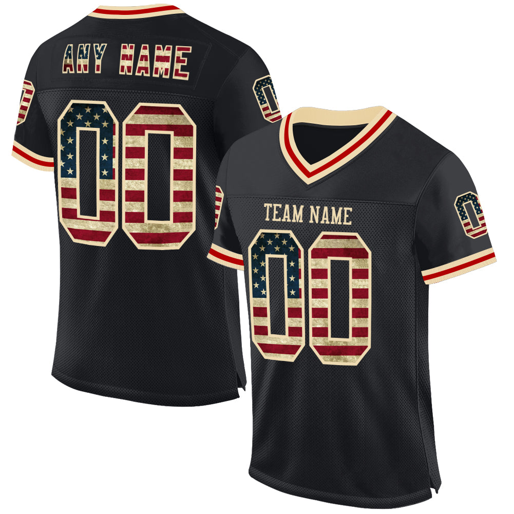 Custom Black Vintage USA Flag Cream-Red Mesh Authentic Throwback Football Jersey