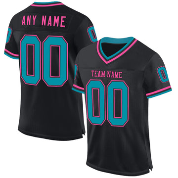 Custom Black Teal-Pink Mesh Authentic Throwback Football Jersey