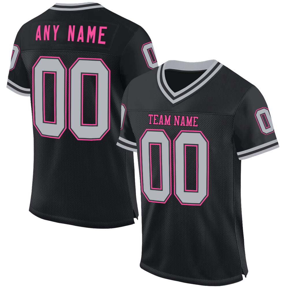 Custom Black Gray-Pink Mesh Authentic Throwback Football Jersey