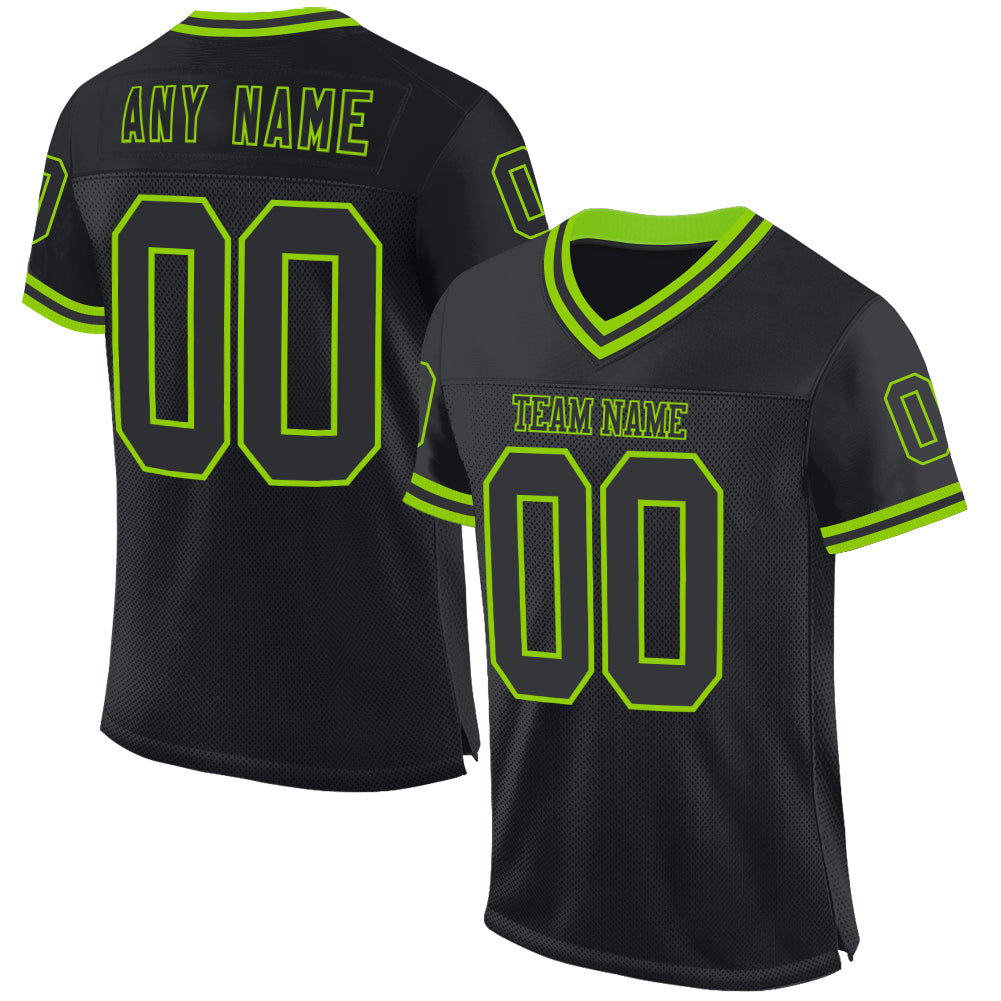 Custom Black Neon Green Mesh Authentic Throwback Football Jersey