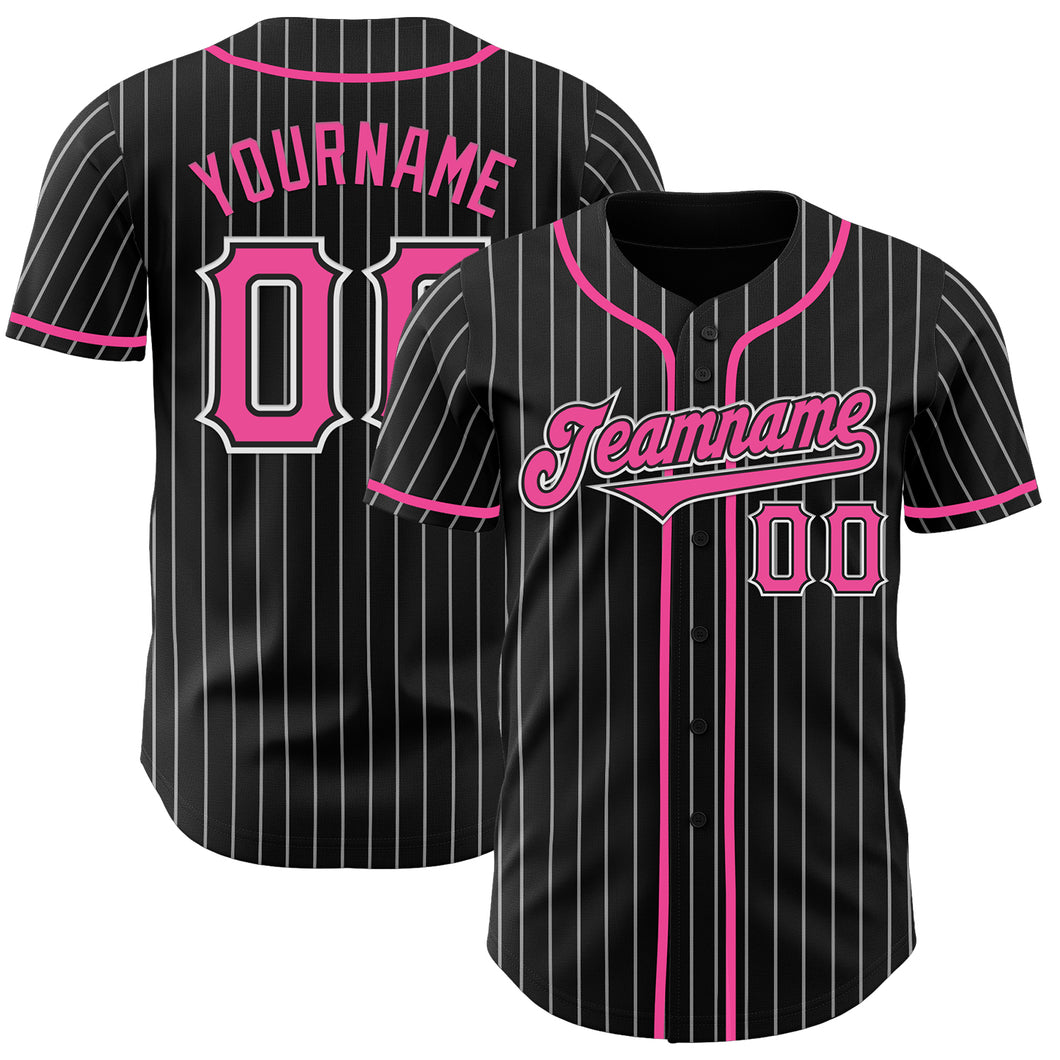 Custom Black White Pinstripe Pink Authentic Baseball Jersey