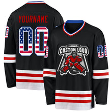 Load image into Gallery viewer, Custom Black USA Flag Royal-Red Hockey Jersey
