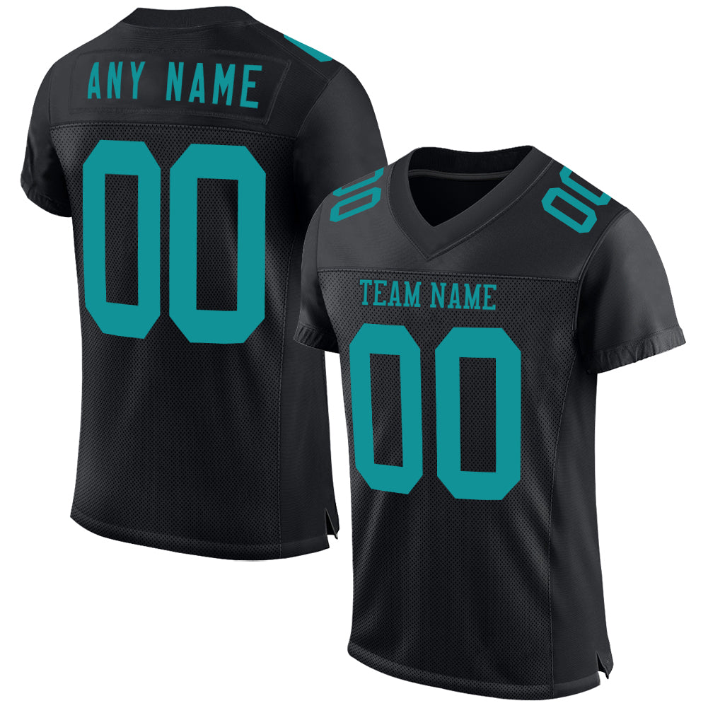 Custom Black Teal Mesh Authentic Football Jersey