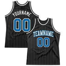 Load image into Gallery viewer, Custom Black White Pinstripe Blue Authentic Throwback Basketball Jersey
