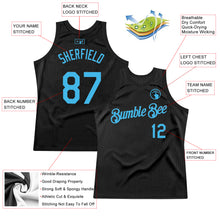 Load image into Gallery viewer, Custom Black Sky Blue Authentic Throwback Basketball Jersey
