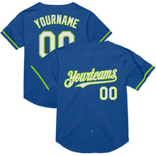 Load image into Gallery viewer, Custom Blue White-Neon Green Mesh Authentic Throwback Baseball Jersey
