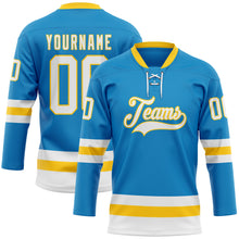 Load image into Gallery viewer, Custom Blue White-Yellow Hockey Lace Neck Jersey
