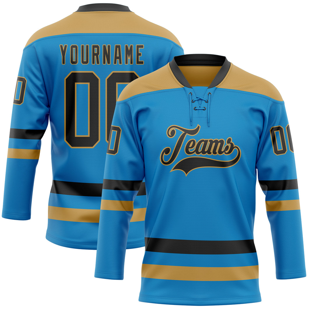 Custom Blue Black-Old Gold Hockey Lace Neck Jersey