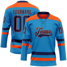 Load image into Gallery viewer, Custom Blue Navy-Orange Hockey Lace Neck Jersey
