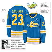 Load image into Gallery viewer, Custom Blue Gold-White Hockey Jersey
