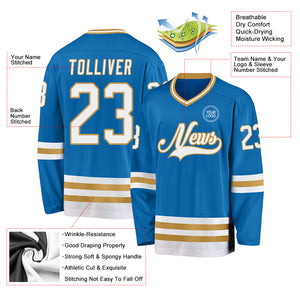 Custom Blue White-Old Gold Hockey Jersey