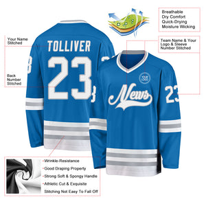 Custom Blue White-Gray Hockey Jersey