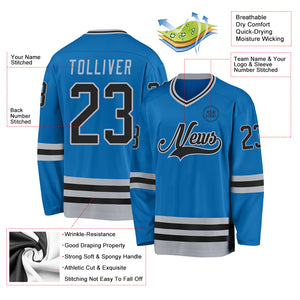 Custom Blue Black-Gray Hockey Jersey