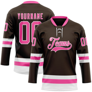 Custom Brown Pink-White Hockey Lace Neck Jersey