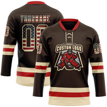 Load image into Gallery viewer, Custom Brown Vintage USA Flag Cream-Red Hockey Lace Neck Jersey
