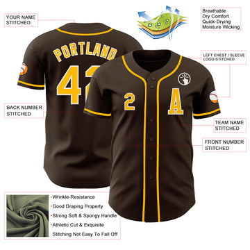 Custom Brown Gold-White Authentic Baseball Jersey