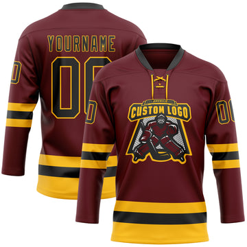 Custom Burgundy Black-Gold Hockey Lace Neck Jersey