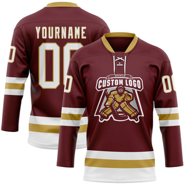 Custom Burgundy White-Old Gold Hockey Lace Neck Jersey