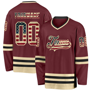 Custom Burgundy Vintage USA Flag Cream-Black Hockey Jersey