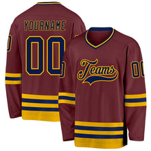 Load image into Gallery viewer, Custom Burgundy Navy-Gold Hockey Jersey
