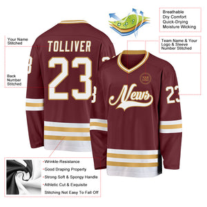 Custom Burgundy White-Old Gold Hockey Jersey