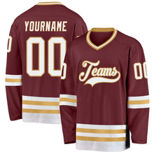 Load image into Gallery viewer, Custom Burgundy White-Old Gold Hockey Jersey
