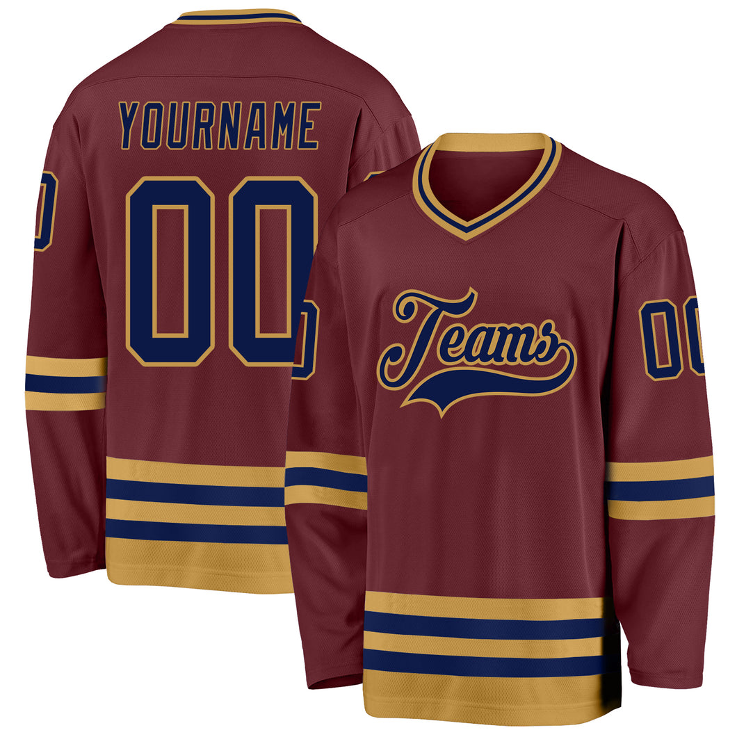 Custom Burgundy Navy-Old Gold Hockey Jersey