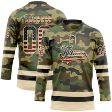 Load image into Gallery viewer, Custom Camo Vintage USA Flag Cream-Black Salute To Service Hockey Lace Neck Jersey
