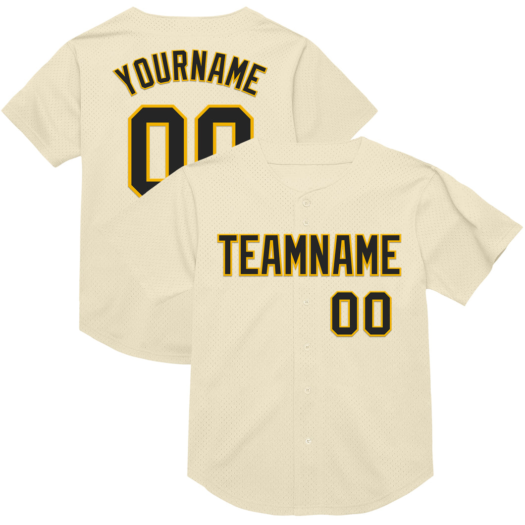 Custom Cream Black-Gold Mesh Authentic Throwback Baseball Jersey