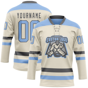 Custom Cream Light Blue-Steel Gray Hockey Lace Neck Jersey