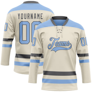 Custom Cream Light Blue-Steel Gray Hockey Lace Neck Jersey