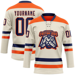 Custom Cream Navy-Orange Hockey Lace Neck Jersey