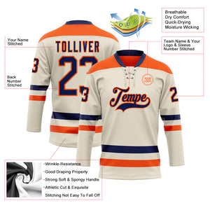 Custom Cream Navy-Orange Hockey Lace Neck Jersey