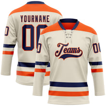 Load image into Gallery viewer, Custom Cream Navy-Orange Hockey Lace Neck Jersey
