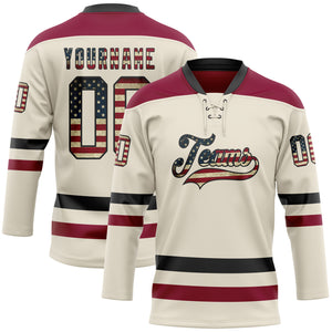 Custom Cream Vintage USA Flag Black-Maroon Hockey Lace Neck Jersey