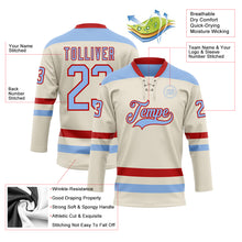 Load image into Gallery viewer, Custom Cream Light Blue-Red Hockey Lace Neck Jersey
