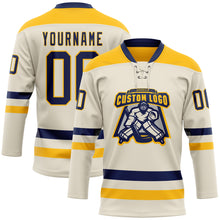 Load image into Gallery viewer, Custom Cream Navy-Gold Hockey Lace Neck Jersey
