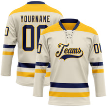 Load image into Gallery viewer, Custom Cream Navy-Gold Hockey Lace Neck Jersey
