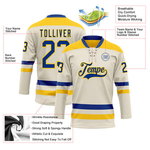 Custom Cream Royal-Yellow Hockey Lace Neck Jersey