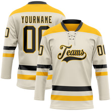 Load image into Gallery viewer, Custom Cream Black-Gold Hockey Lace Neck Jersey
