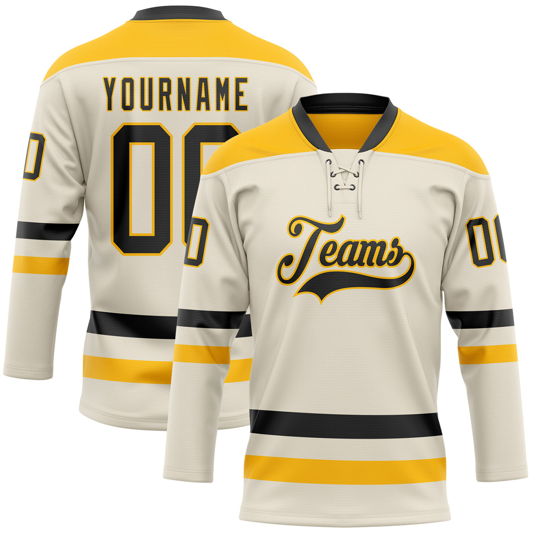 Custom Cream Black-Gold Hockey Lace Neck Jersey