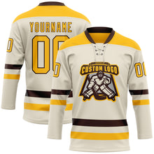 Load image into Gallery viewer, Custom Cream Gold-Brown Hockey Lace Neck Jersey
