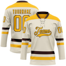 Load image into Gallery viewer, Custom Cream Gold-Brown Hockey Lace Neck Jersey
