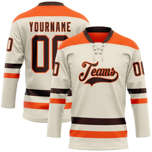 Custom Cream Brown-Orange Hockey Lace Neck Jersey