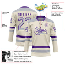 Load image into Gallery viewer, Custom Cream Gray-Purple Hockey Lace Neck Jersey
