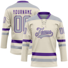 Load image into Gallery viewer, Custom Cream Gray-Purple Hockey Lace Neck Jersey
