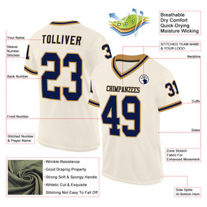 Custom Cream Navy-Old Gold Mesh Authentic Throwback Football Jersey