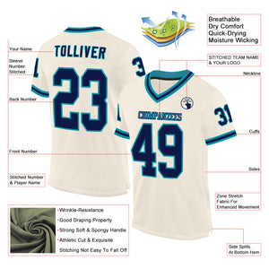 Custom Cream Navy-Teal Mesh Authentic Throwback Football Jersey