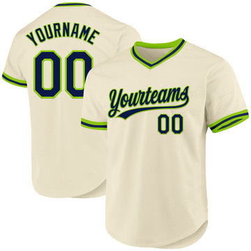 Custom Cream Navy-Neon Green Authentic Throwback Baseball Jersey