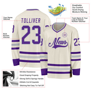 Custom Cream Purple-Gray Hockey Jersey